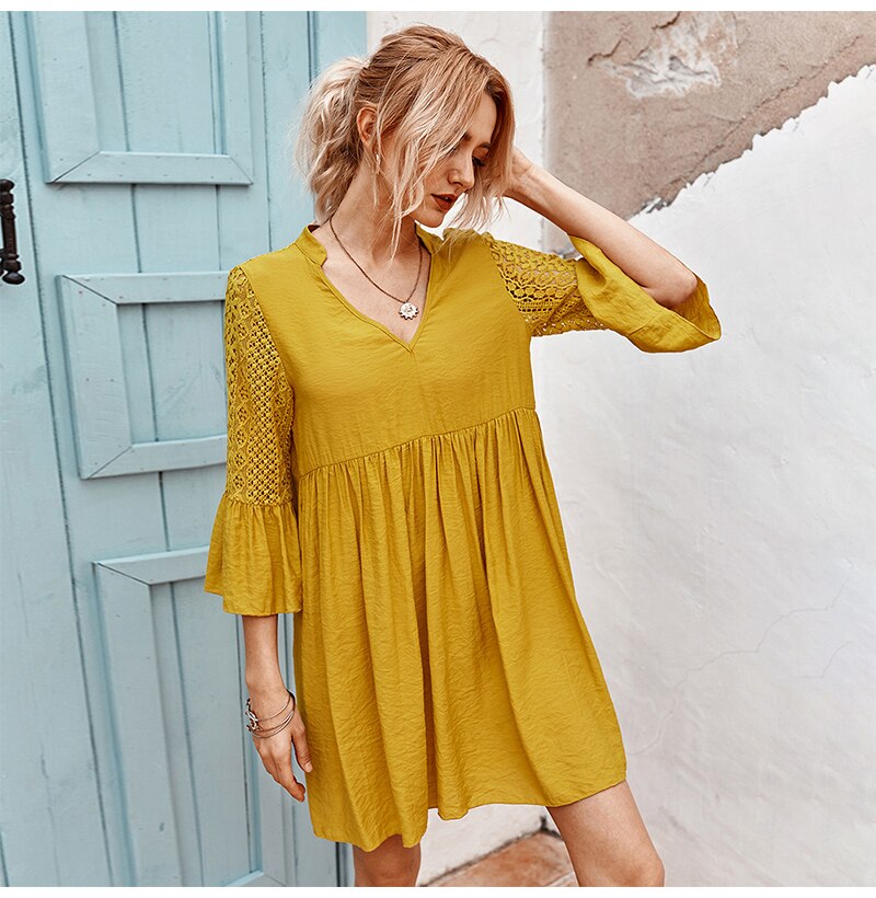 Dress Women Stitching Lace Ruched Mini Dresses Yellow Casual Loose Clothing Blue Mori Girl  Summer Spring Clothes For Women - SunLify