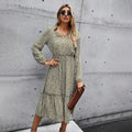 Long Dress Autumn Spring Casual Green Long Sleeve Floral Print Ruched Dresses New Arrival Fall Clothes For Women  Fashion - SunLify