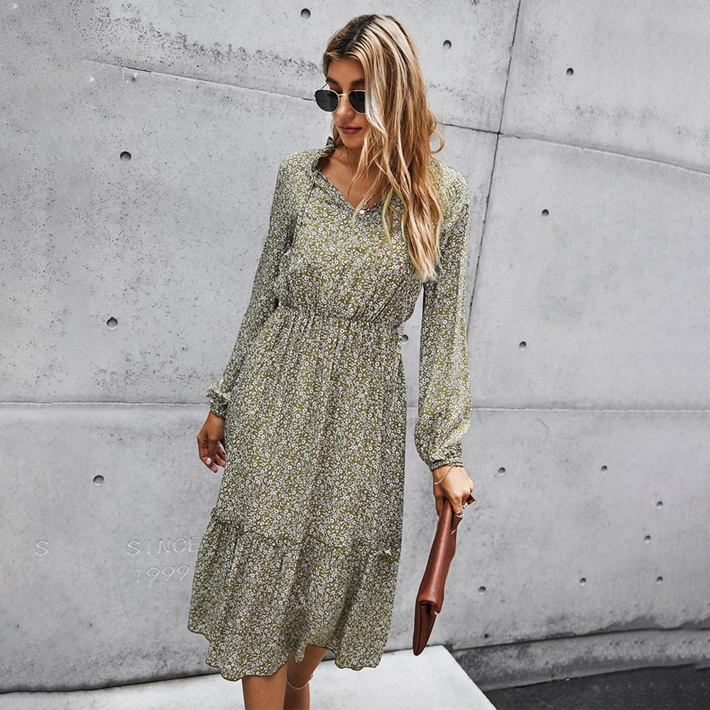 Long Dress Autumn Spring Casual Green Long Sleeve Floral Print Ruched Dresses New Arrival Fall Clothes For Women  Fashion - SunLify