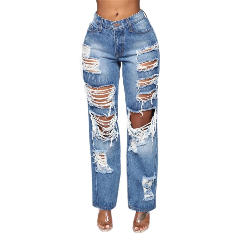 Fashion Personality Women Jeans Denim Hole Female High Waist Stretch Slim Sexy Ripped Trousers Women Streetwear Straight Jean - SunLify