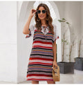 Chiffon Dress Women Vintage Summer Striped Stitching Mini Sundresses Red Casual Fitted Clothing  Retro Clothes Women Yellow - SunLify