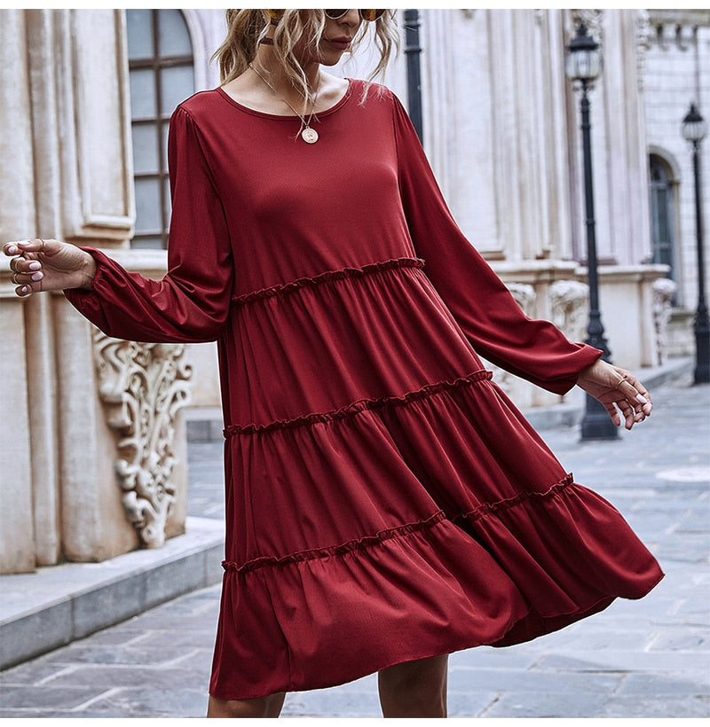 Woman Dress Autumn Spring Ruffle Ruched Cake Clothes Casual Pure Long Sleeve Loose Fit Knitted Womens Dresses Fall  Fashion - SunLify