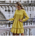 Woman Dress Autumn Winter Casual Lace Stitching Yellow Long Sleeve Loose Vintage Dresses For Women Clothes  Ladies - SunLify