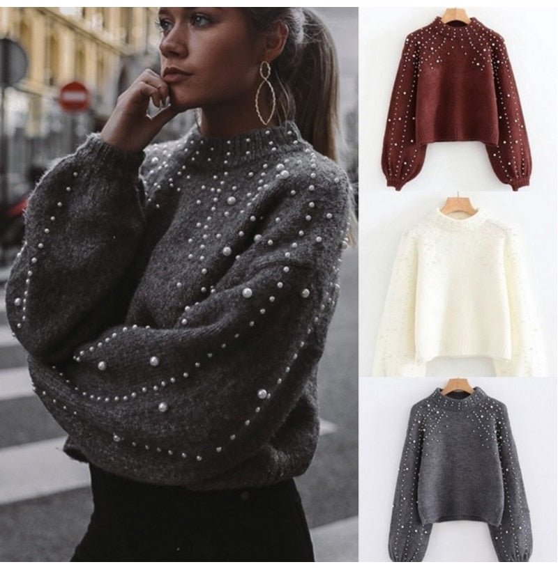 Lossky Cashmere Sweater Pullover With Pearls Women Pure Autumn Winter Warm Knit Pull Jumpers Female Top Clothes - SunLify