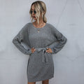 Sweater Dress Autumn Winter Elegant Ladies Solid Color Long Sleeve Sashes Loose Fit Clothes Casual Knit Dresses For Women - SunLify