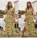 Women Midi Dress Summer Casual Flower Print Side Slit Red Long Sundresses Ladies Yellow Fitted Clothing Everyday  Fashion - SunLify