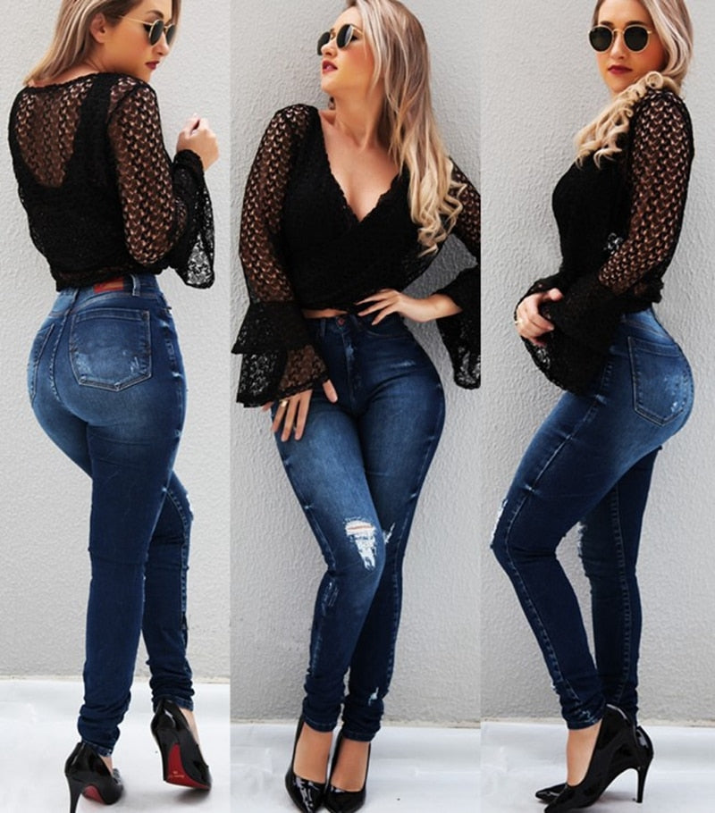 Women Sexy ripped Push Up Jeans High Waist Skinny Butt Lifting Elastic Pencil black jeans Ladies Casual Denim calca jeans pants - SunLify