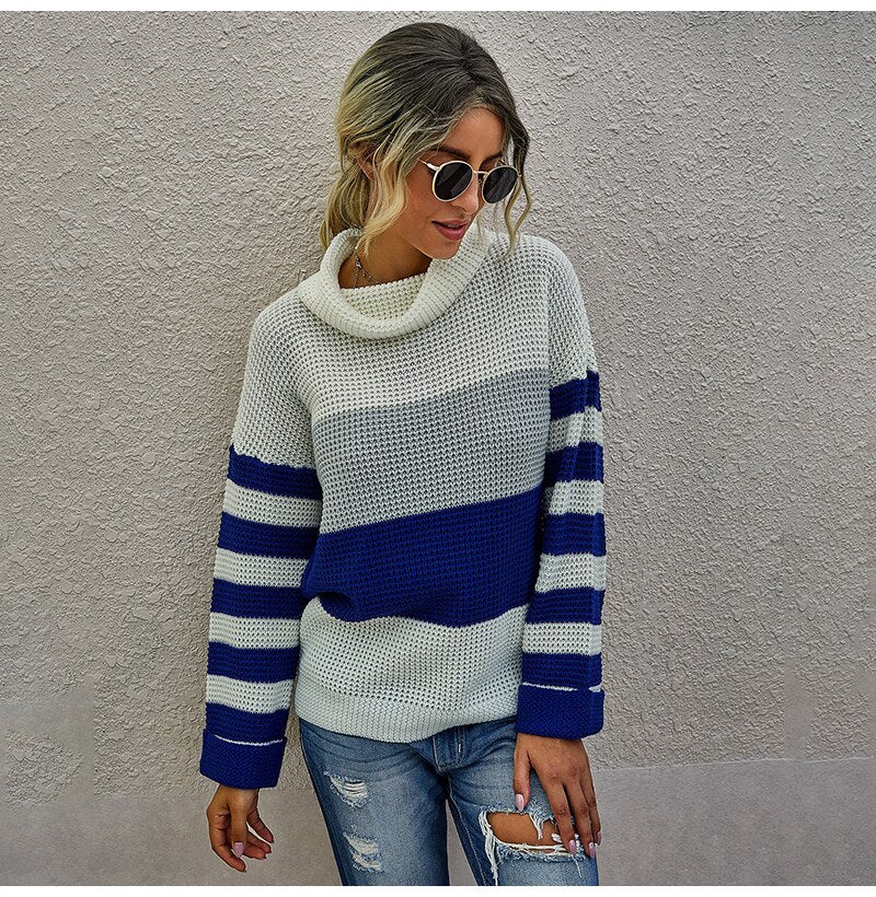 Woman Sweaters Casual Autumn Winter Long Sleeve Striped Print Tops Black Turtleneck Knit Pullover Sweater  Womens Clothes - SunLify