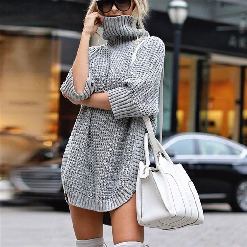 Fashion Women Casual Irregular Long Sweater Dress Knitted Sweater Top - SunLify