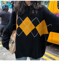 Women Sweater Autumn Winter Long Sleeve Top Korean Fashion Preppy Style Black Knitted Argyle Pullover Sweaters  Fall Clothes - SunLify