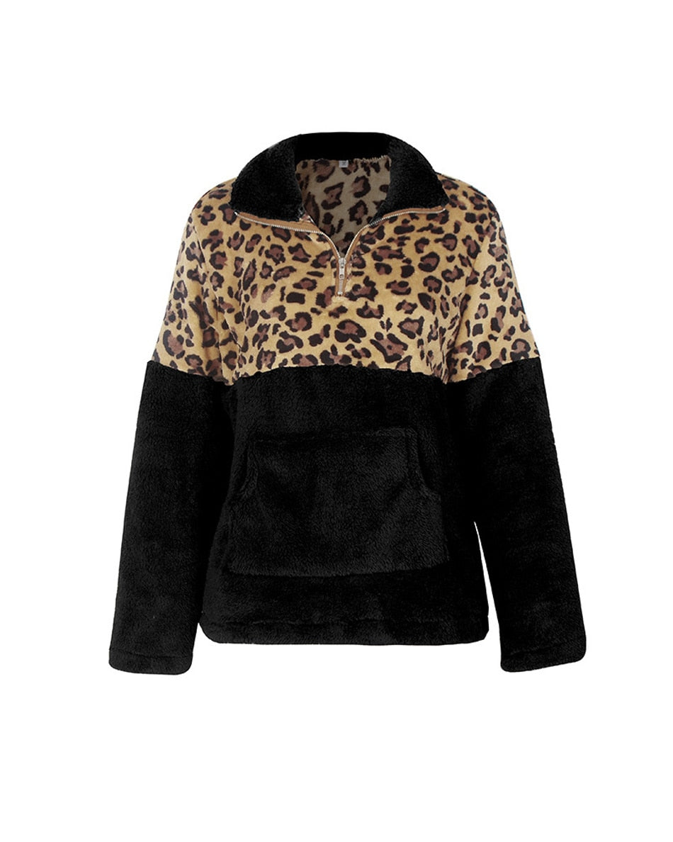 Lossky Winter Sweatshirt Leopard Patchwork Women Long Sleeve Pockets Ladies Plush Tops Zipper Pullover Warm Clothing Female - SunLify