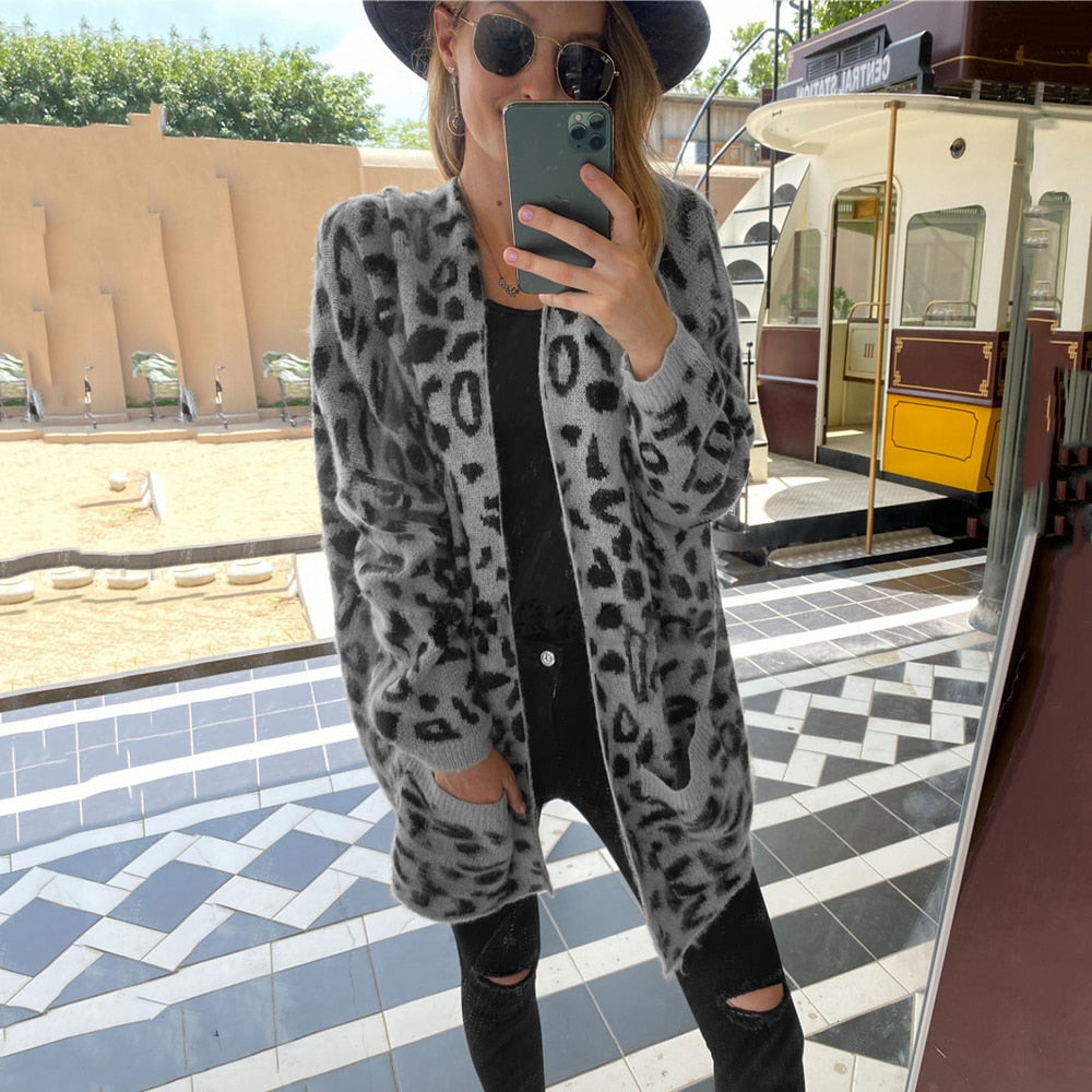 Green Long Cardigan Jacket Autumn Winter Clothes Women Loose Long Sleeve Leopard Knitted Cardigans Tops  Sweaters For Women - SunLify