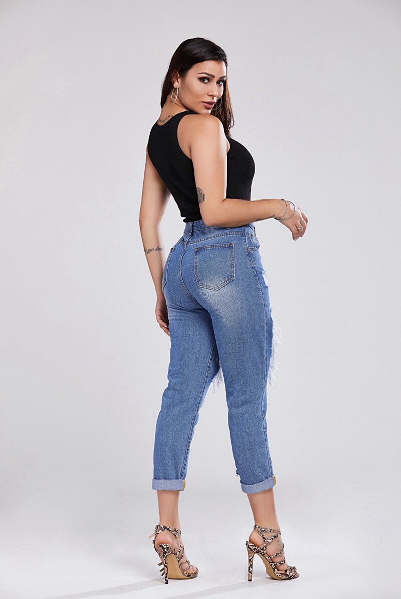 Spring summer Fashion ripped Hole denim pants Women Cotton Denim Jean Loose Casual Elastic Cross-pants vintage Street jeans - SunLify