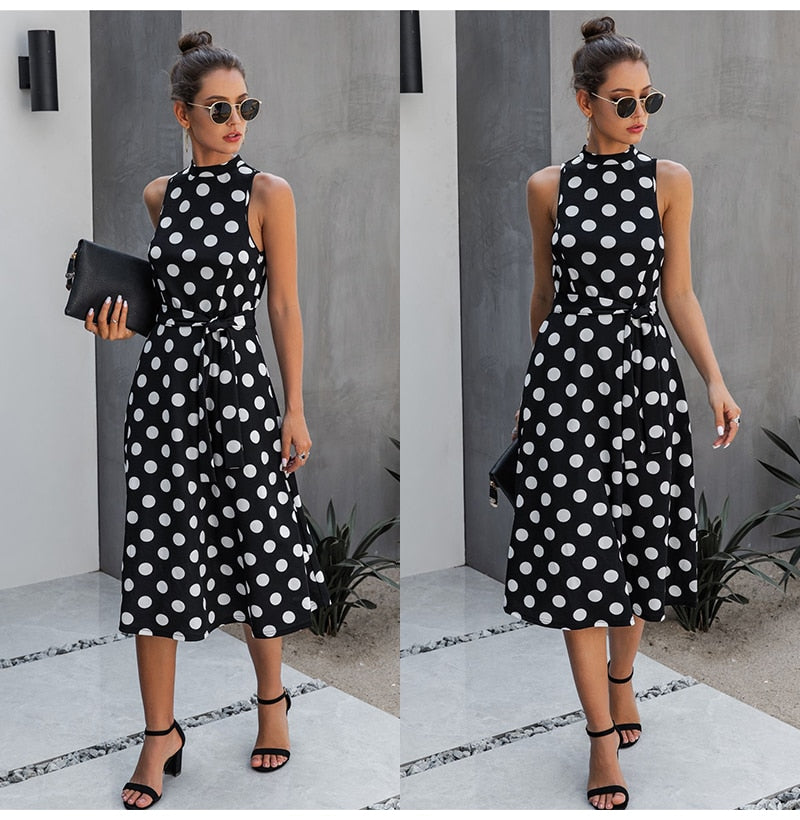 Long Dress Women Black Casual Polka-dot Summer White Midi Dresses Fitted Elegant Ladies Party  Summer Clothes For Women Belt - SunLify