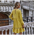 Woman Dress Autumn Winter Casual Lace Stitching Yellow Long Sleeve Loose Vintage Dresses For Women Clothes  Ladies - SunLify