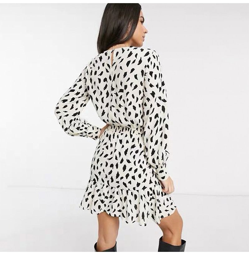 Women Dresses Spring Autumn Long Sleeve Casual Leopard Print Ruffle White Fitted Waist Clothing Fashion  Dress For Women - SunLify