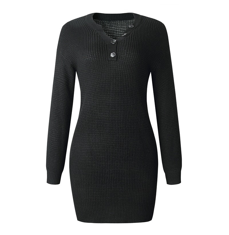 Sweater Dresses Women Autumn Winter Long Sleeve Knitted Clothes Casual Ladies Pure Black Button Slim Fit Dress Fall  Fashion - SunLify