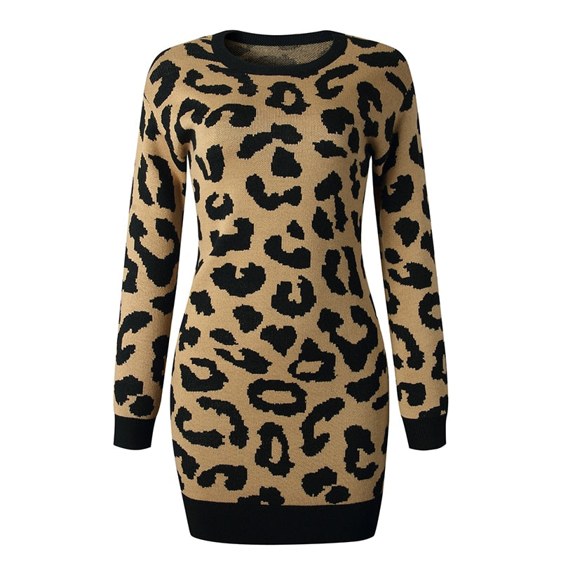 Sweater Dress Autumn Winter Long Sleeve Women Fashion Vintage Leopard Print Warm Knitted Clothes Ladies Dresses New Arrival - SunLify