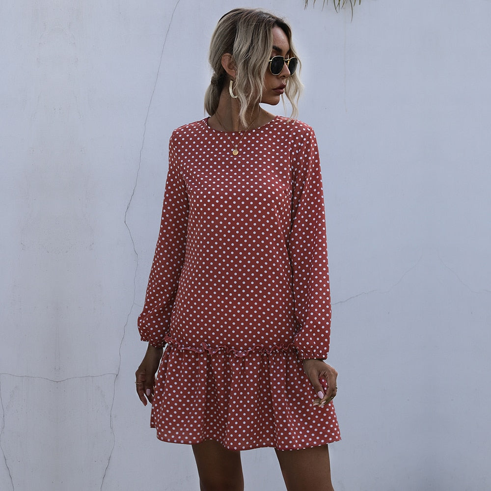 Dress Women Autumn Winter Elegant Dot Print Slim Fitted Dresses Ruffle Long Sleeve Black A Line Trendy Clothes For Women - SunLify