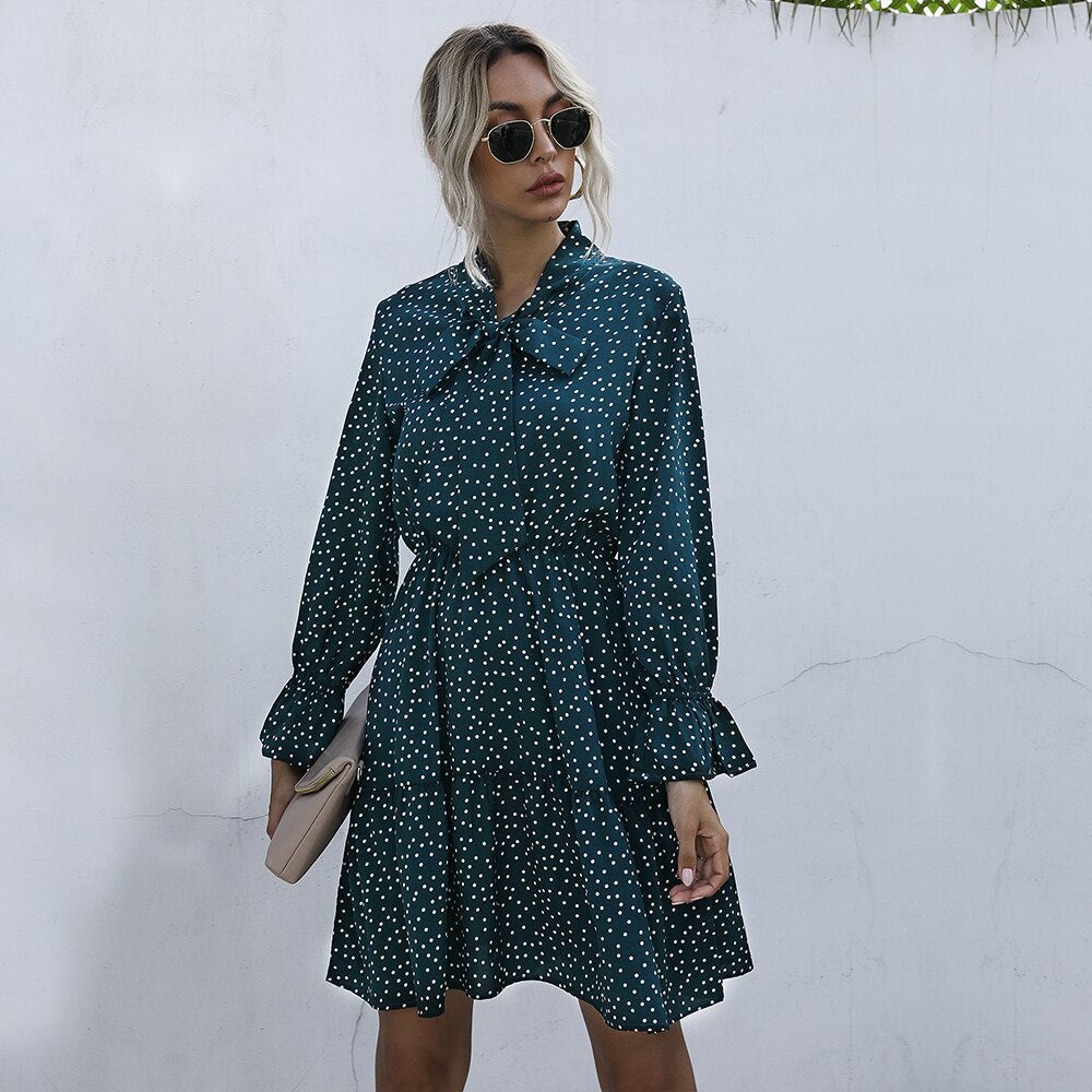 Chiffon Dresses Woman Autumn Spring Dot Print Ruched Slim A Line Womens Clothes Casual Long Sleeve Bow Dress Fall  Fashion - SunLify