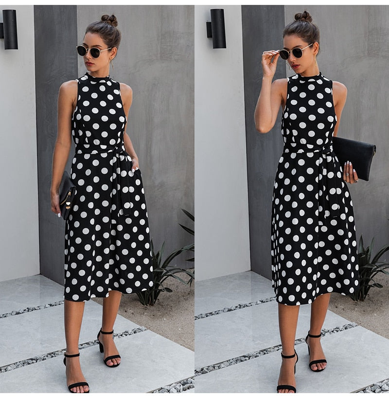 Long Dress Women Black Casual Polka-dot Summer White Midi Dresses Fitted Elegant Ladies Party  Summer Clothes For Women Belt - SunLify