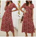 Summer Long Dress Women Casual Floral Print Midi Sundresses Bow Belt Ladies Fitted Everyday Clothes  Red Dresses For Women - SunLify