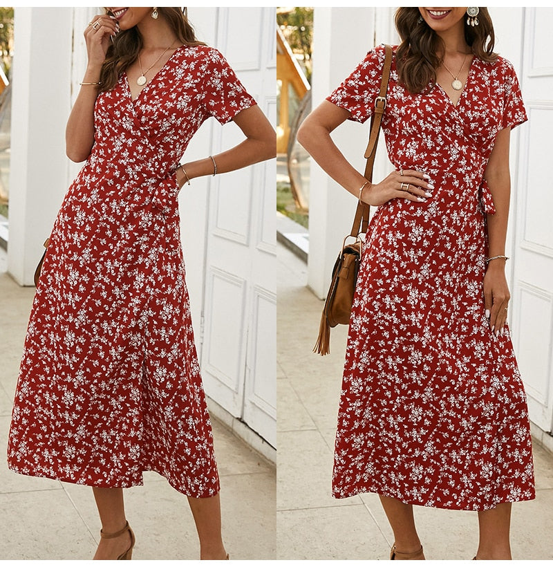 Summer Long Dress Women Casual Floral Print Midi Sundresses Bow Belt Ladies Fitted Everyday Clothes  Red Dresses For Women - SunLify