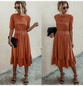 Women Midi Dress T-shirt Summer Black Lace Patchwork Ruffle Ruched Long Dresses Green Casual Ladies Fitted Clothes  Everyday - SunLify