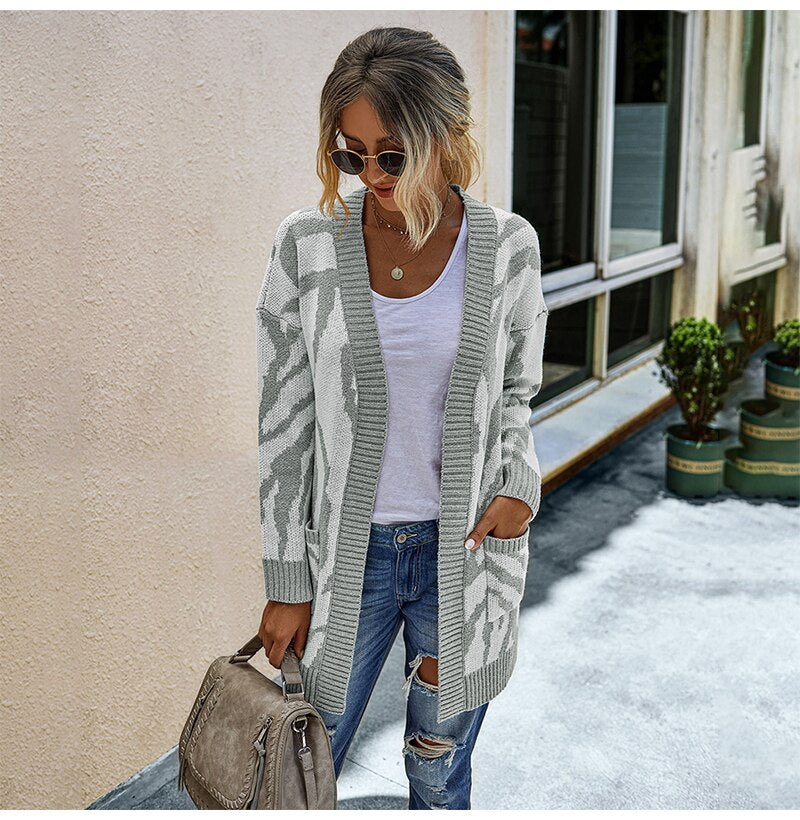 Long Sweater Cardigan Women Autumn Winter Thicken Warm Clothes Elegant Ladies Long Sleeve Print Knitted Cardigans Tops Fall - SunLify