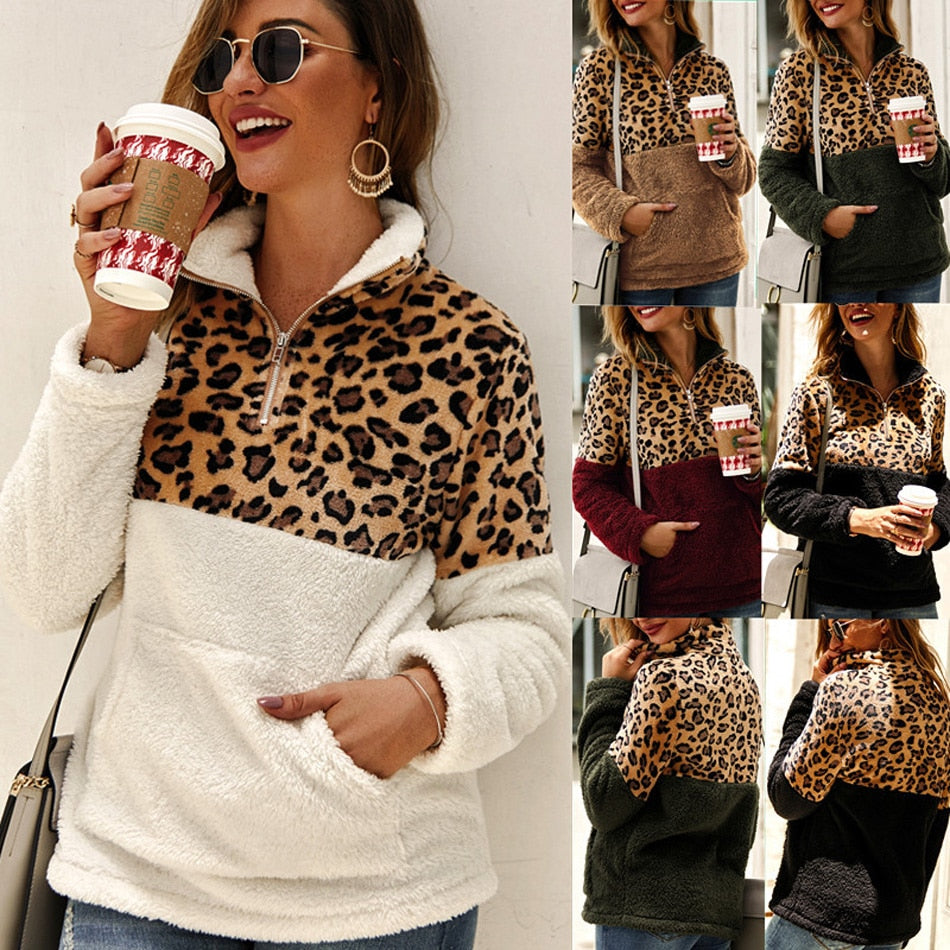 Lossky Winter Sweatshirt Leopard Patchwork Women Long Sleeve Pockets Ladies Plush Tops Zipper Pullover Warm Clothing Female - SunLify