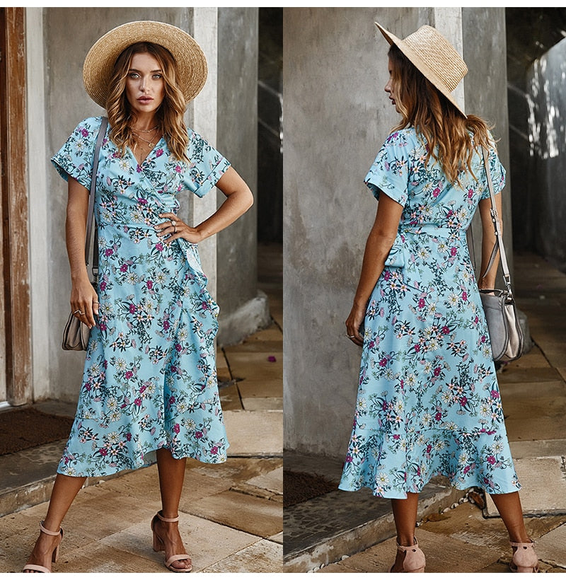 Long Dress Summer Women Casual Floral Ruffle Dresses Lace-Up Cardigan New Arrival  Flower Fitted Midi Clothes Red For Women - SunLify