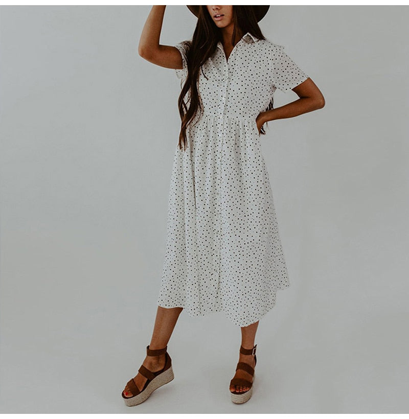 Long Dress Summer Vintage Dots Print Buttons Shirt Dresses White Casual Plus Size Women 4xl Loose Midi Clothes Black  Retro - SunLify