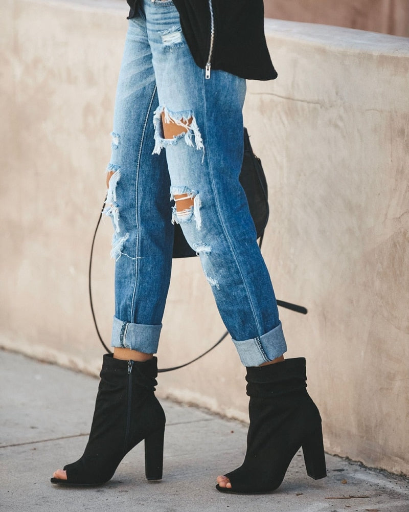 New Women Fashion Mid Waist Boyfriend Big Ripped Hole Jeans Casual High Street Denim Pants Sexy Vintage Pencil Calca Jeans - SunLify