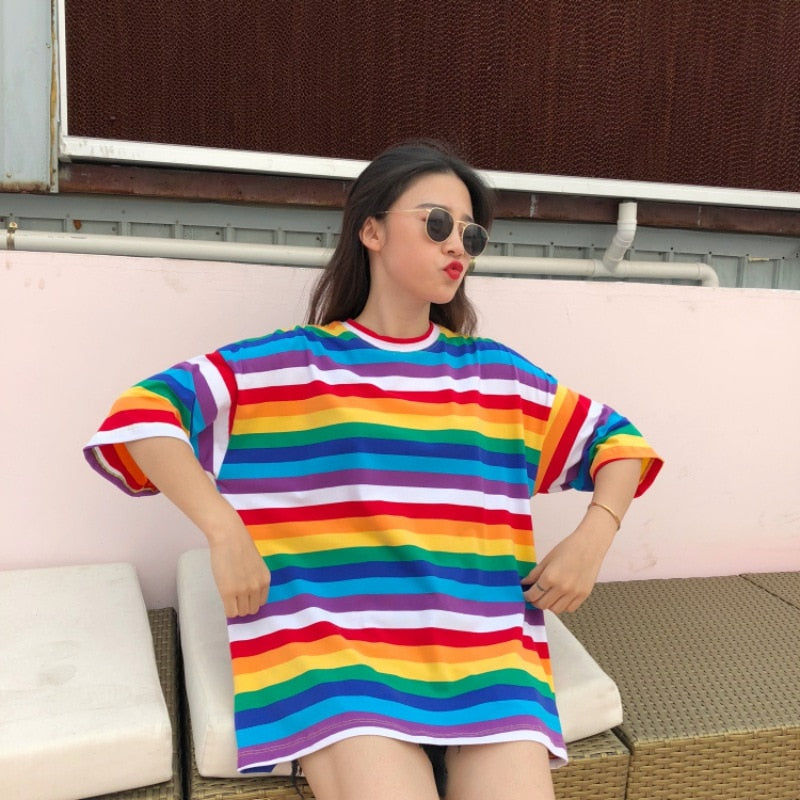 Women Rainbow Striped Tops Summer Short Sleeve Korean Punk T-shirt - SunLify