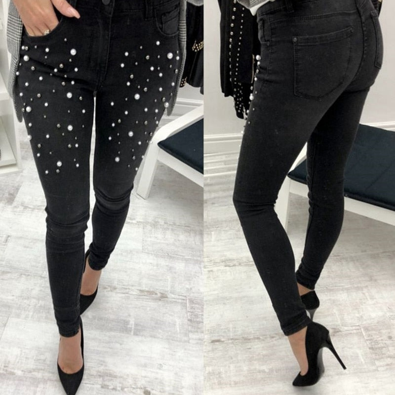 Women blue Jeans Pants Skinny Pearl Beaded black Jeans Summer Spring ladies high waist Zipper Fly Long Denim Casual mom jeans - SunLify