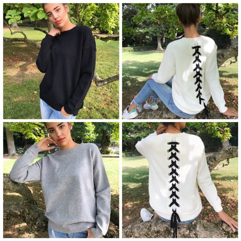 Women Long-sleeve Sweatshirt Round Neck Lace Up Casual Pullover - SunLify