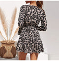 Lossky Leopard Print V-neck Wrap Sleeve Mini Dress Women Plus Size New Short Spring Autumn Gray Lady Dress Elastic Waist - SunLify