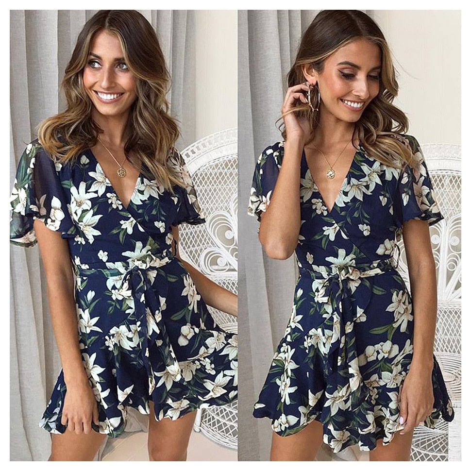 Sexy V Neck Mini Dress Women Floral Short Sleeve Sashes Summer Dresses Tunic High Waist Ladies Sundress Female  Clothing - SunLify