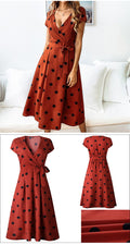 Women Fashion Polka Dot Dress Summer Casual A-Line Party Dresses Sexy V-neck Short Sleeve White Red Long Dress Sashes - SunLify