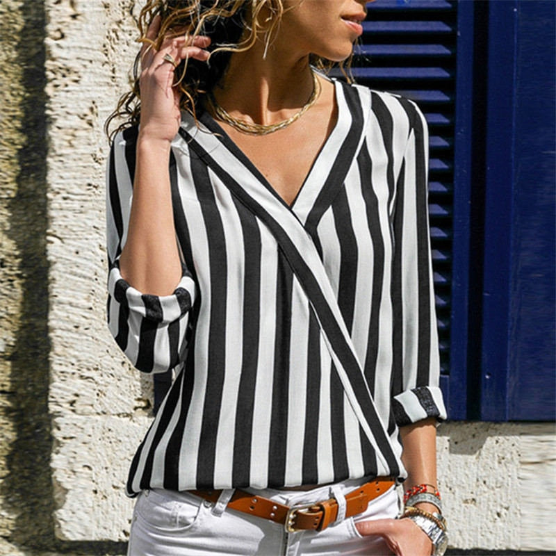 Women Striped Blouse Shirt Long Sleeve - SunLify