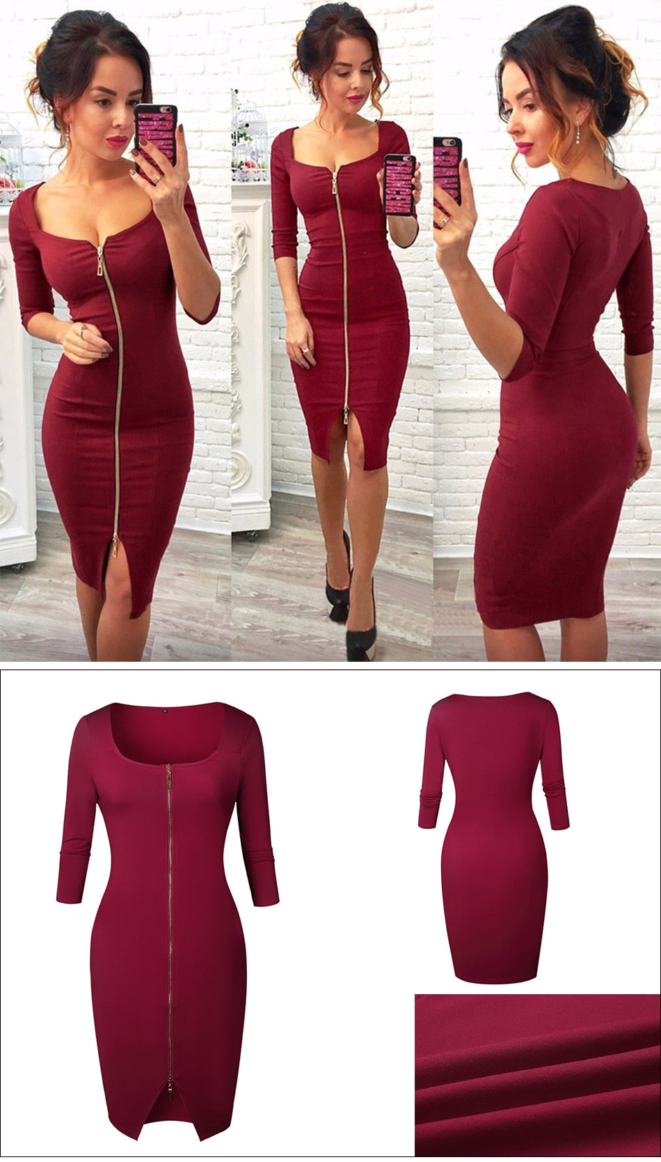 Lossky Women Sexy Club Low Cut Bodycon Dress Red Velvet Sheath  Burgundy Fashion Black Pure Spring pencil dresses for office - SunLify