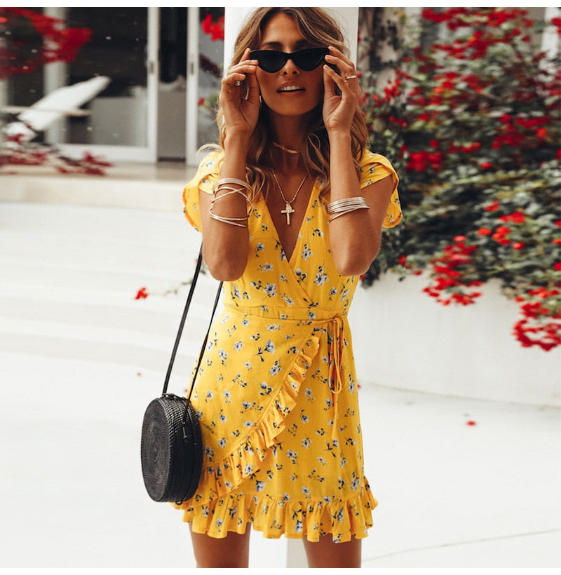 Lossky Women Loose Short Sleeve V-Neck Ruffles Print Casual Yellow Summer Chiffon Dress  Beach Elegant Mini Yellow Dresses - SunLify
