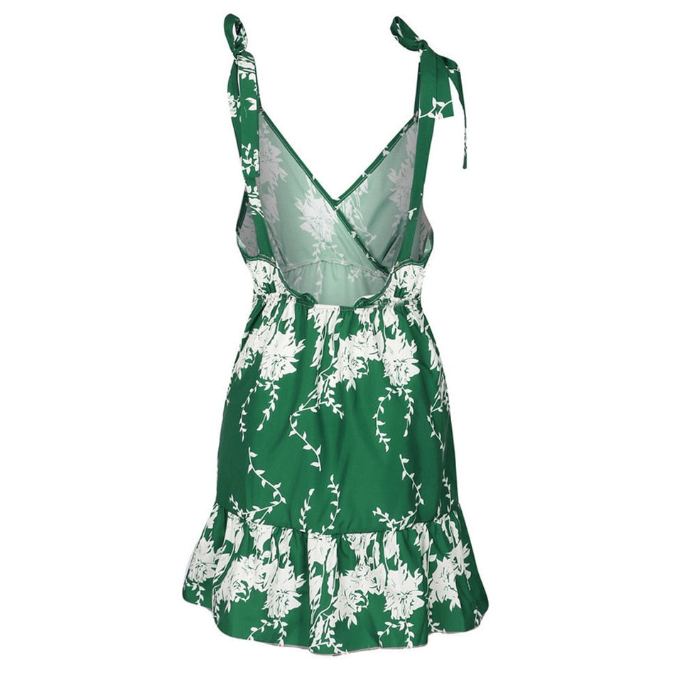 Lossky Summer Women Dress  New Casual A Line Floral Print Sleeveless Lace Up Dress Ladies V Neck Backless Green Mini Dresses - SunLify