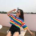 Women Rainbow Striped Tops Summer Short Sleeve Korean Punk T-shirt - SunLify