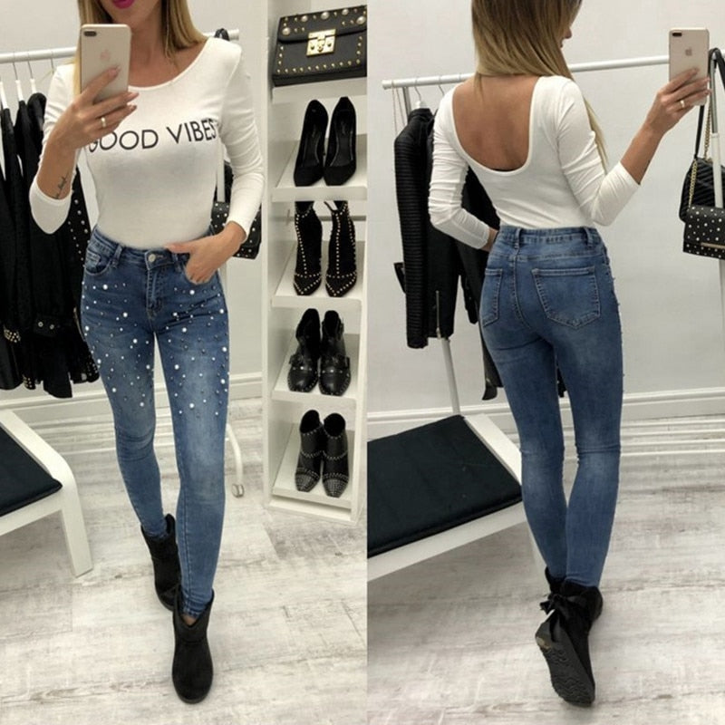 Women blue Jeans Pants Skinny Pearl Beaded black Jeans Summer Spring ladies high waist Zipper Fly Long Denim Casual mom jeans - SunLify