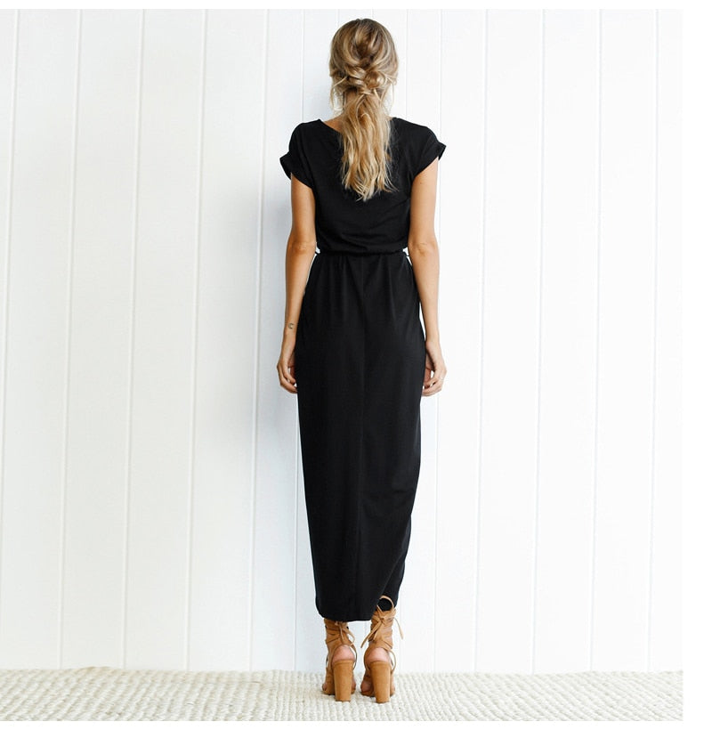 Lossky Summer Dress Female  Short Sleeve Irregular Slit Fashion Short Sleeve O-neck Pullover Bodycon Slim Long Dress Elegant - SunLify