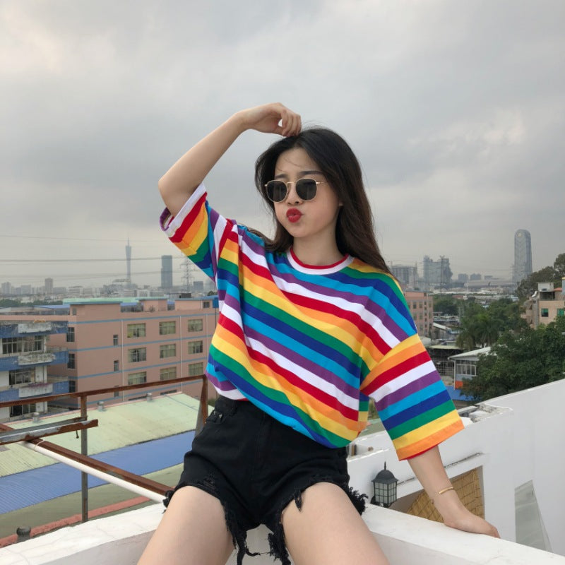 Women Rainbow Striped Tops Summer Short Sleeve Korean Punk T-shirt - SunLify