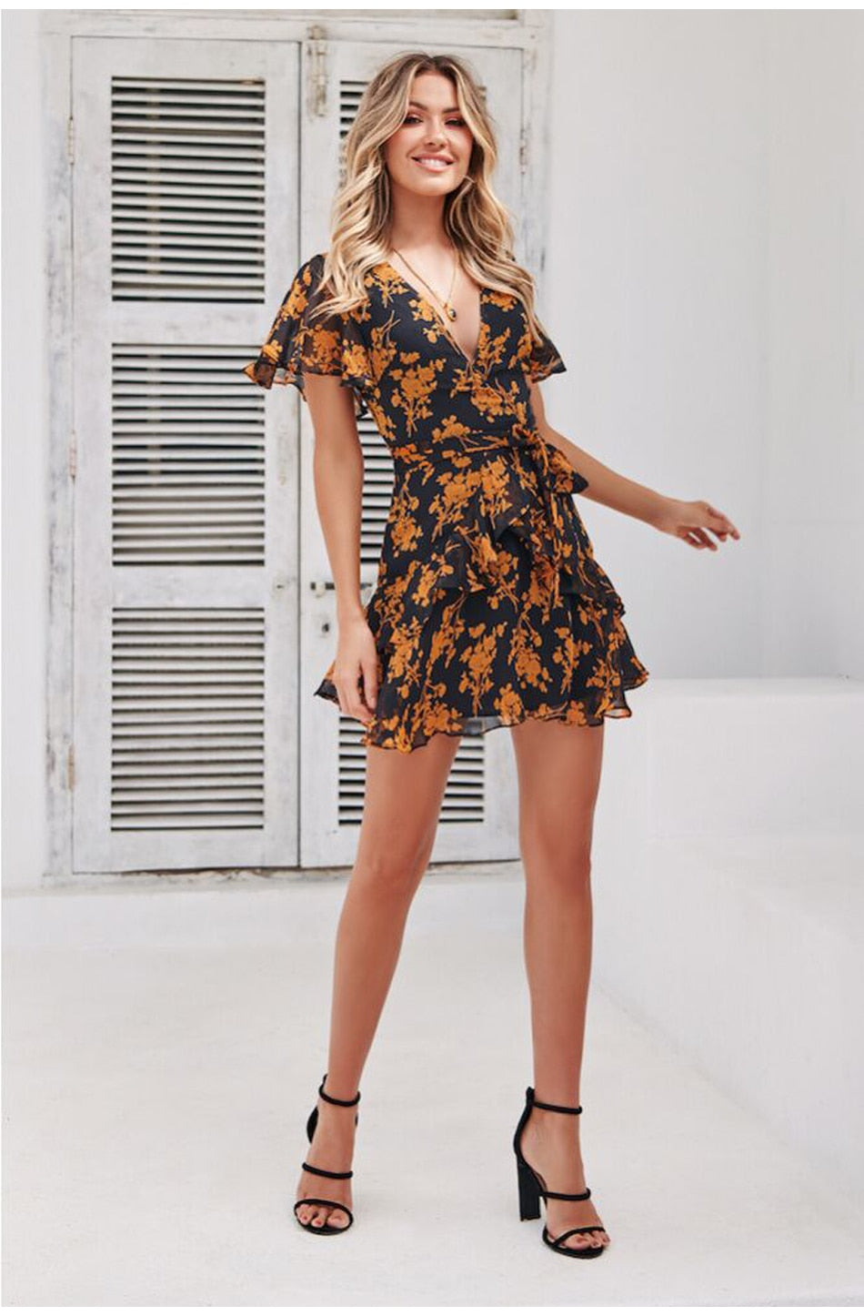 Lossky Women Summer Dress Floral Printed V-neck Short-sleeved Lace-up Short Dresses Mini Butterfly Sleeve Sundress Elegant - SunLify