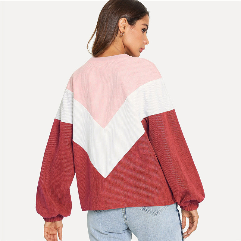 Casual Color Block Sleeve Corduroy Sweatshirt Long Sleeve Pullovers - SunLify