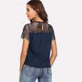 Lace Shoulder Contrast Mesh Top Blouse - SunLify